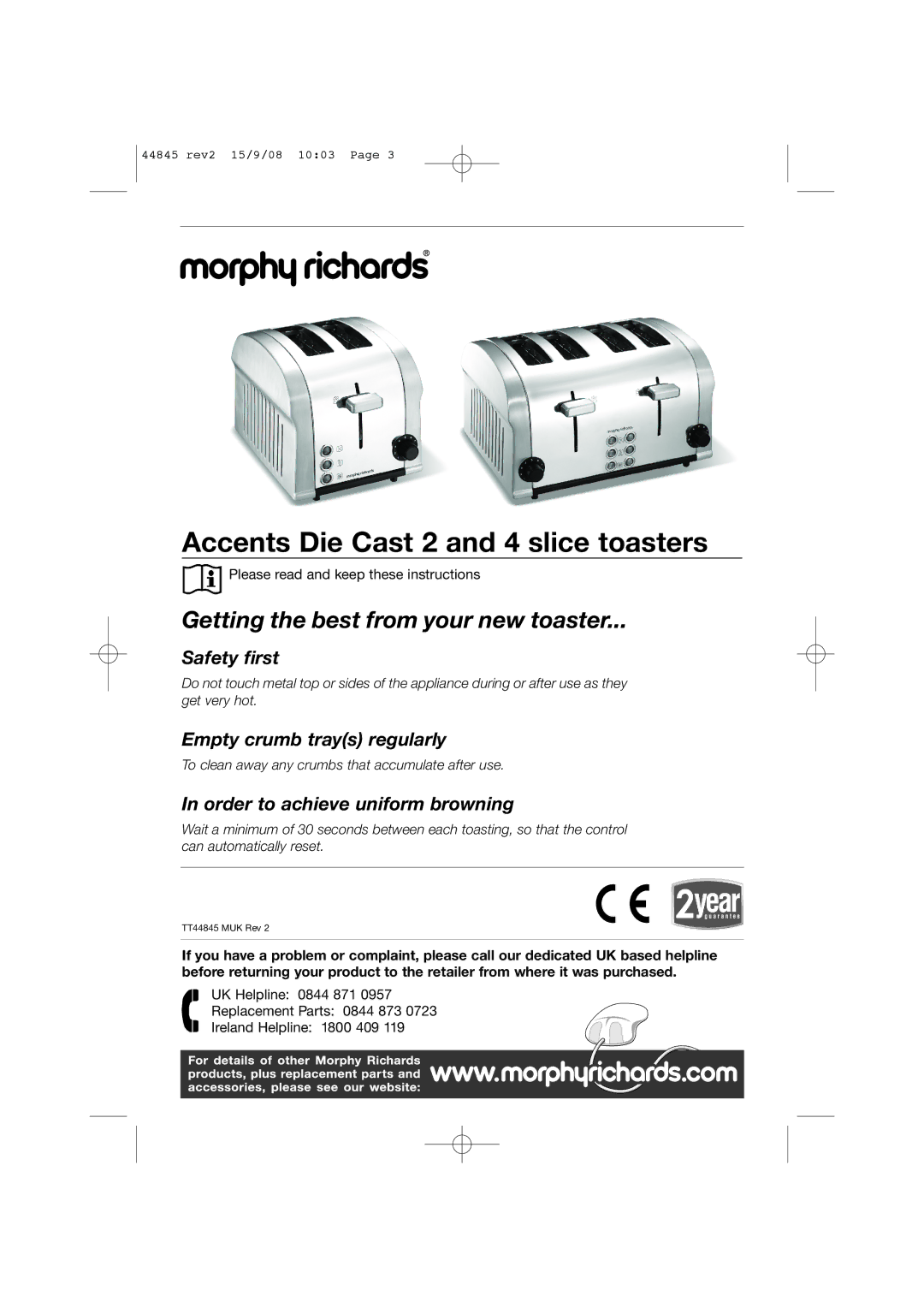 Morphy Richards 44845 manual Accents Die Cast 2 and 4 slice toasters 