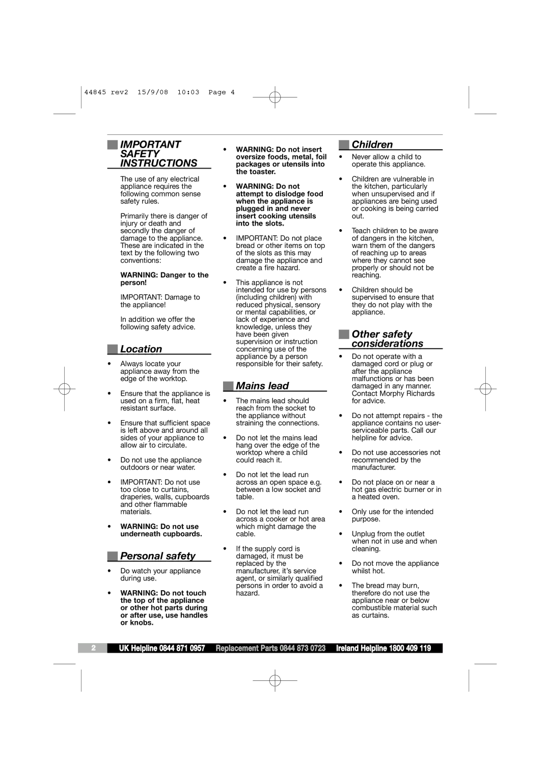 Morphy Richards 44845 manual Safety Instructions 