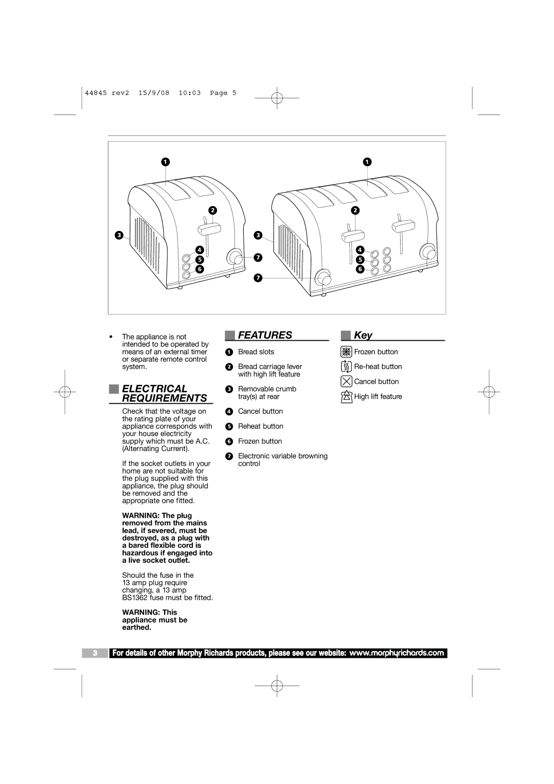 Morphy Richards 44845 manual Electrical Requirements, Features, Key 