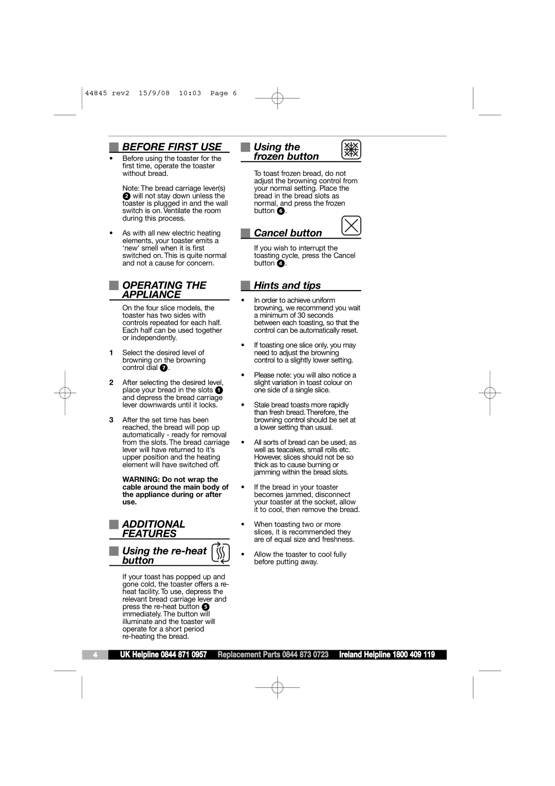 Morphy Richards 44845 manual Before First USE, Operating Appliance, Additional Features 