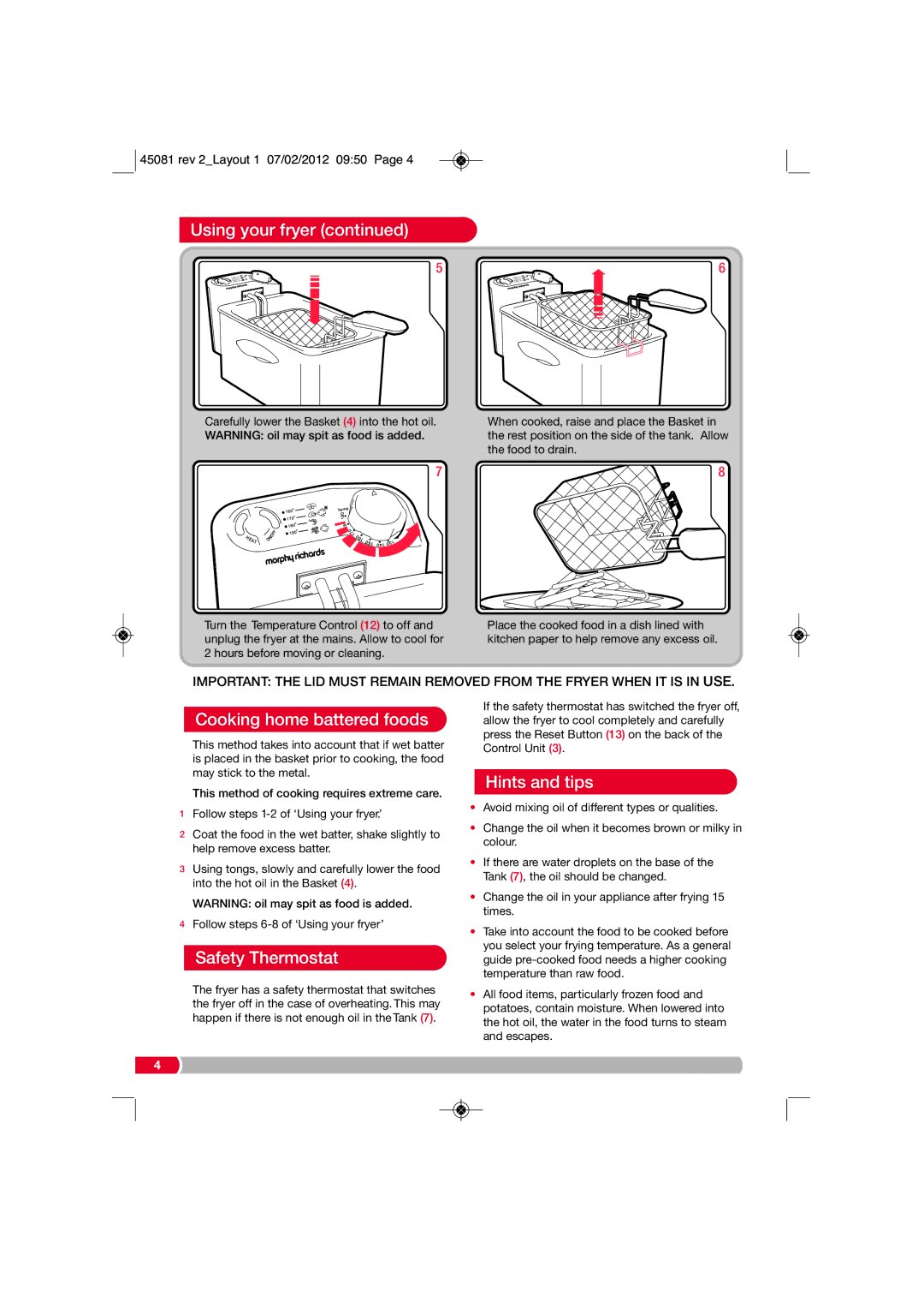 Morphy Richards 45081 manual Cooking home battered foods, Safety Thermostat, Hints and tips 