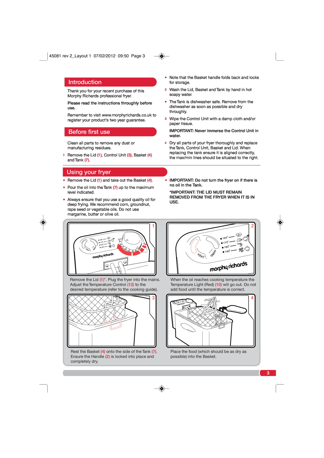 Morphy Richards 45081 manual Introduction, Before first use, Using your fryer, rev 2Layout 1 07/02/2012 0950 Page 