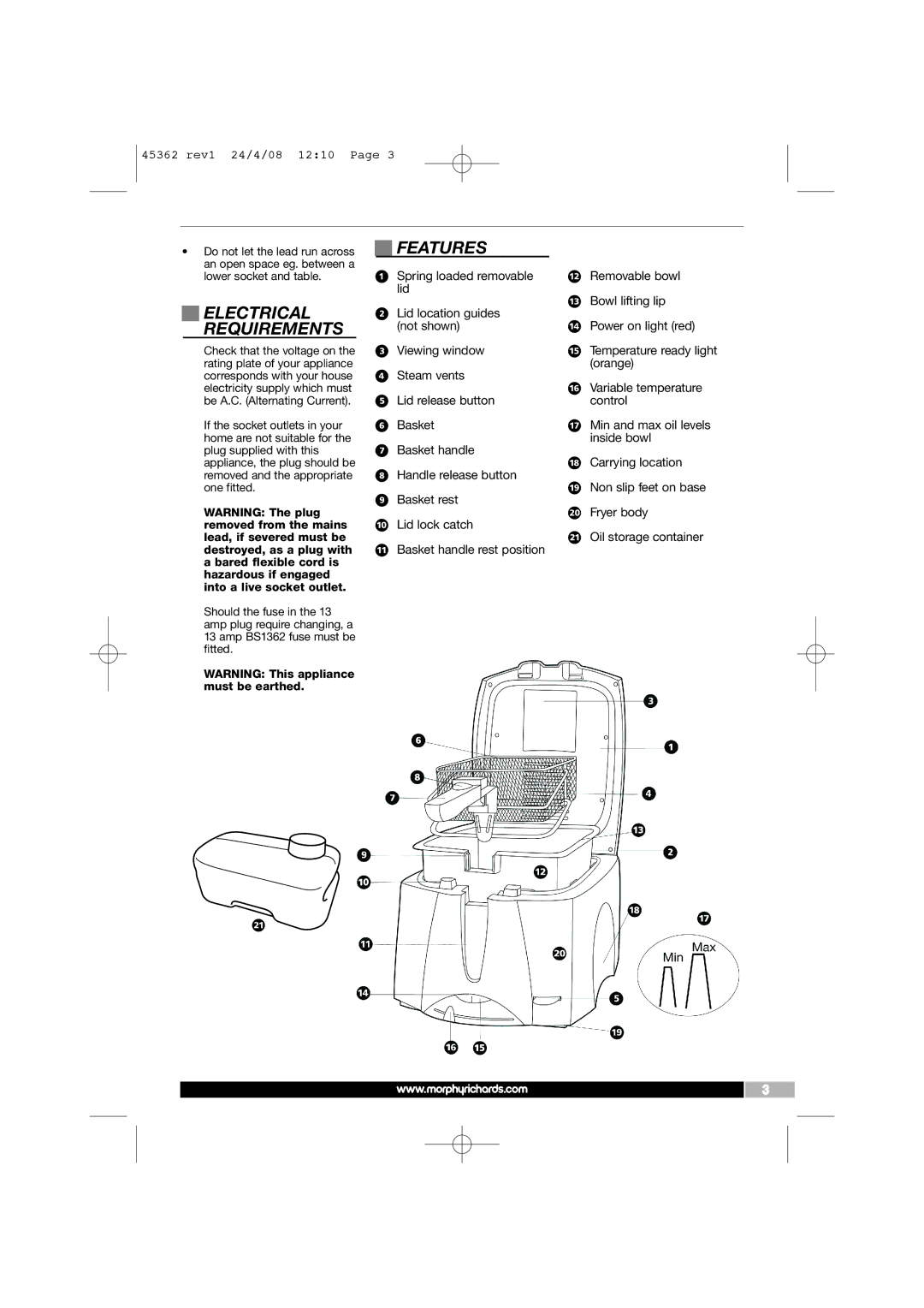 Morphy Richards 45362 manual Features, Electrical, Requirements 