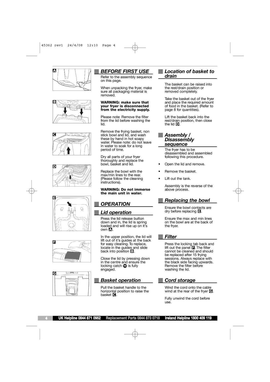 Morphy Richards 45362 manual Before First USE, Operation 