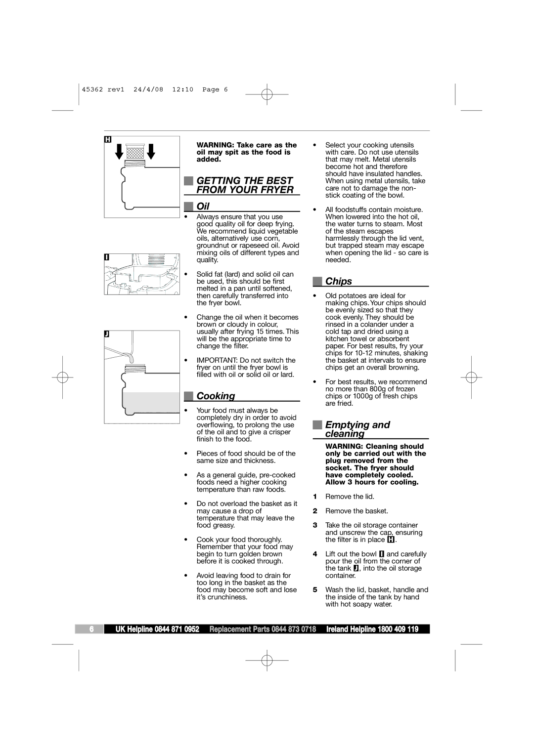 Morphy Richards 45362 manual Getting the Best from Your Fryer, Oil, Cooking, Chips, Emptying and cleaning 