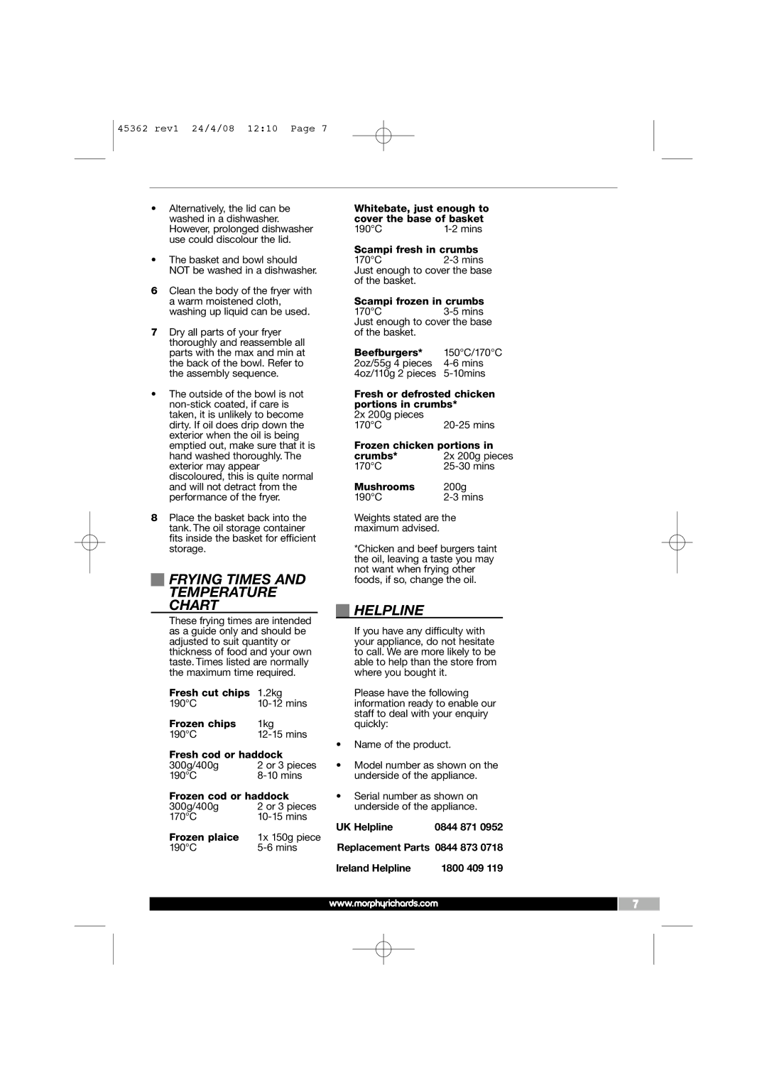 Morphy Richards 45362 manual Frying Times and Temperature Chart, Helpline 