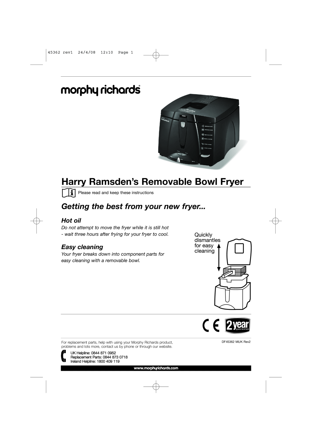 Morphy Richards 45362 manual Harry Ramsden’s Removable Bowl Fryer, Getting the best from your new fryer, Hot oil 
