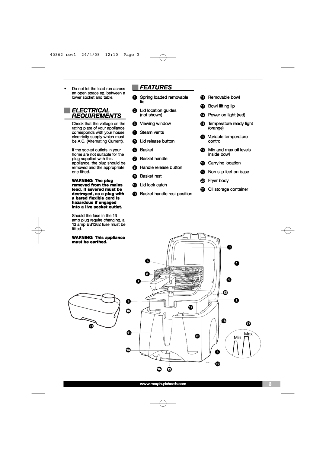 Morphy Richards 45362 manual Features, Electrical, Requirements 
