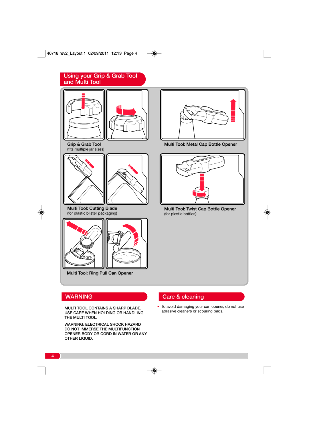 Morphy Richards 46718 manual Using your Grip & Grab Tool and Multi Tool, Care & cleaning 