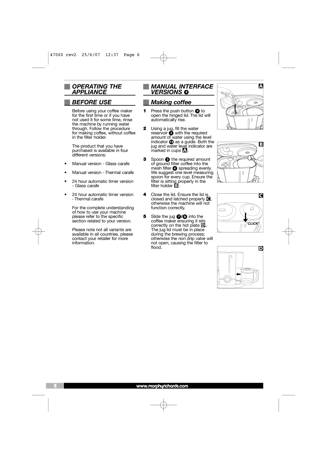 Morphy Richards 47063, 47060, 47062, 47061 manual Operating Appliance Before USE, Making coffee 