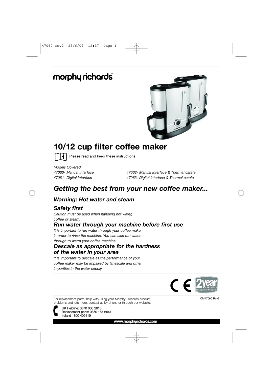 Morphy Richards 47062, 47060, 47063, 47061 manual 10/12 cup filter coffee maker, Getting the best from your new coffee maker 