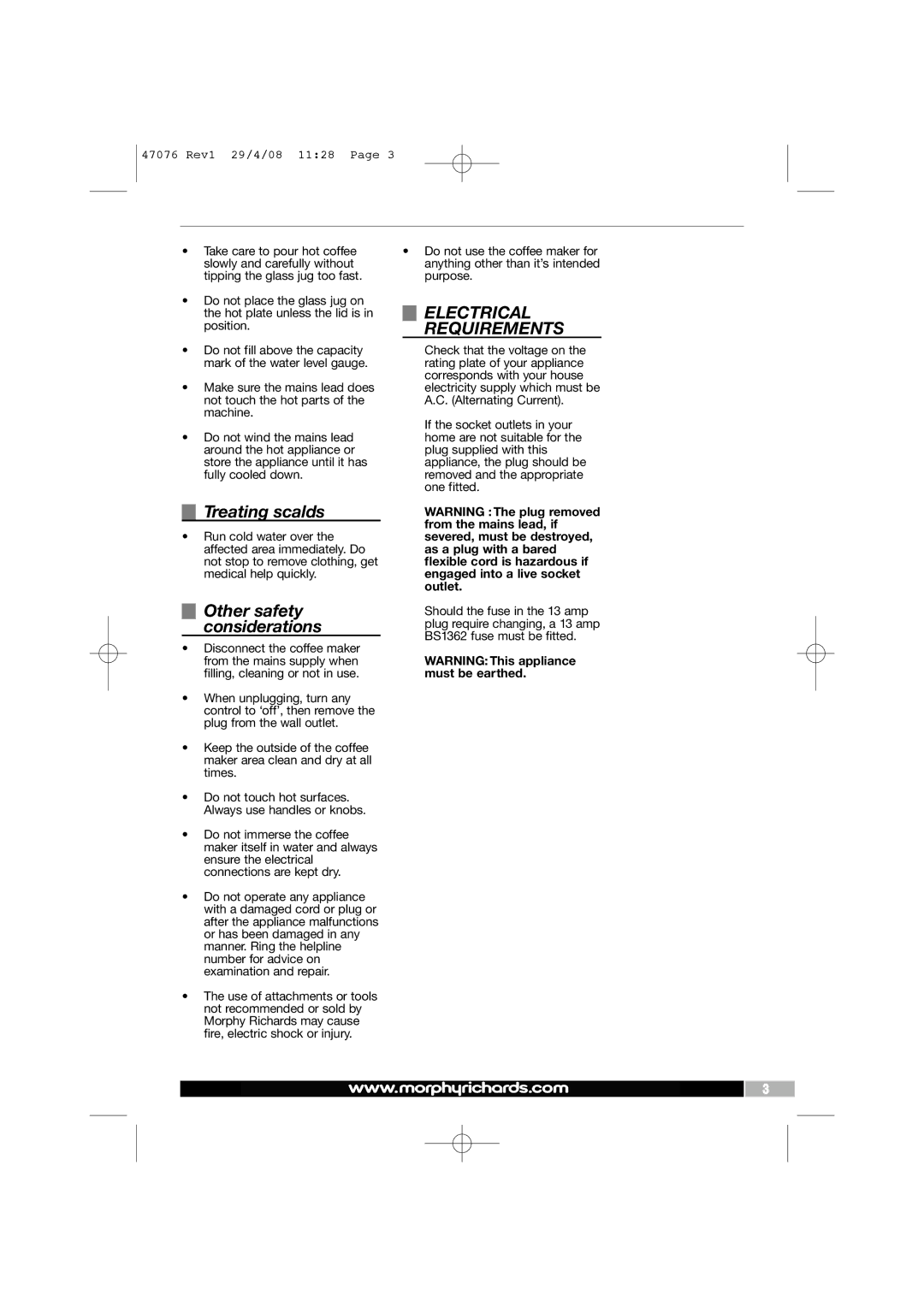 Morphy Richards 47076 manual Treating scalds, Other safety considerations, Electrical Requirements 