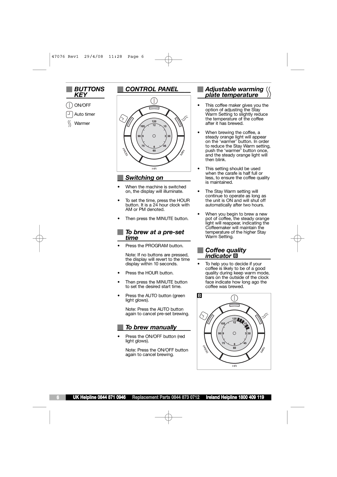 Morphy Richards 47076 manual Buttons, Key 