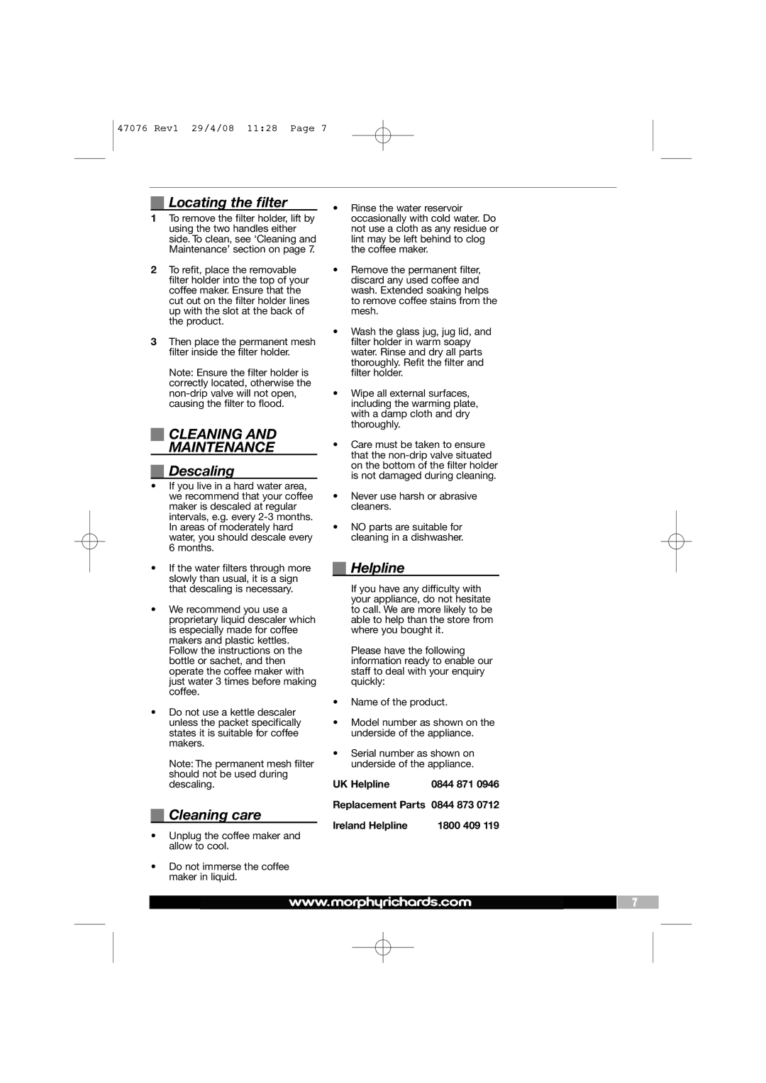 Morphy Richards 47076 manual Locating the filter, Cleaning Maintenance, Descaling, Cleaning care, Helpline 
