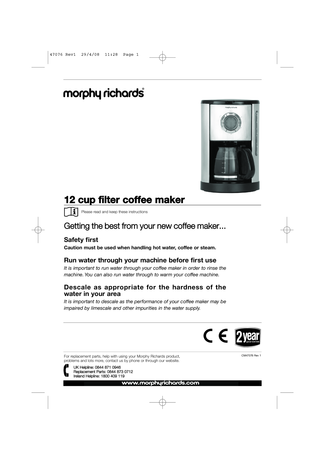 Morphy Richards 47076 manual Caution must be used when handling hot water, coffee or steam, cup filter coffee maker 