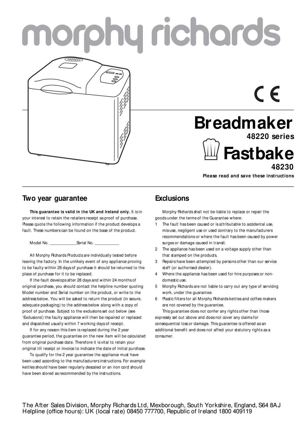 Morphy Richards 48230, 48220 manual Breadmaker 