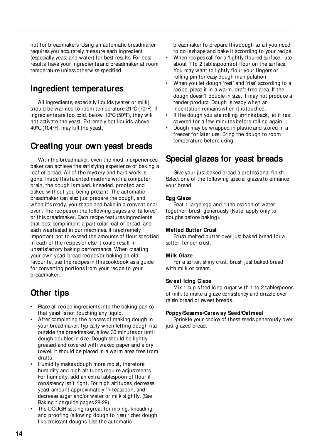 Morphy Richards 48220, 48230 manual Ingredient temperatures, Other tips, Special glazes for yeast breads 