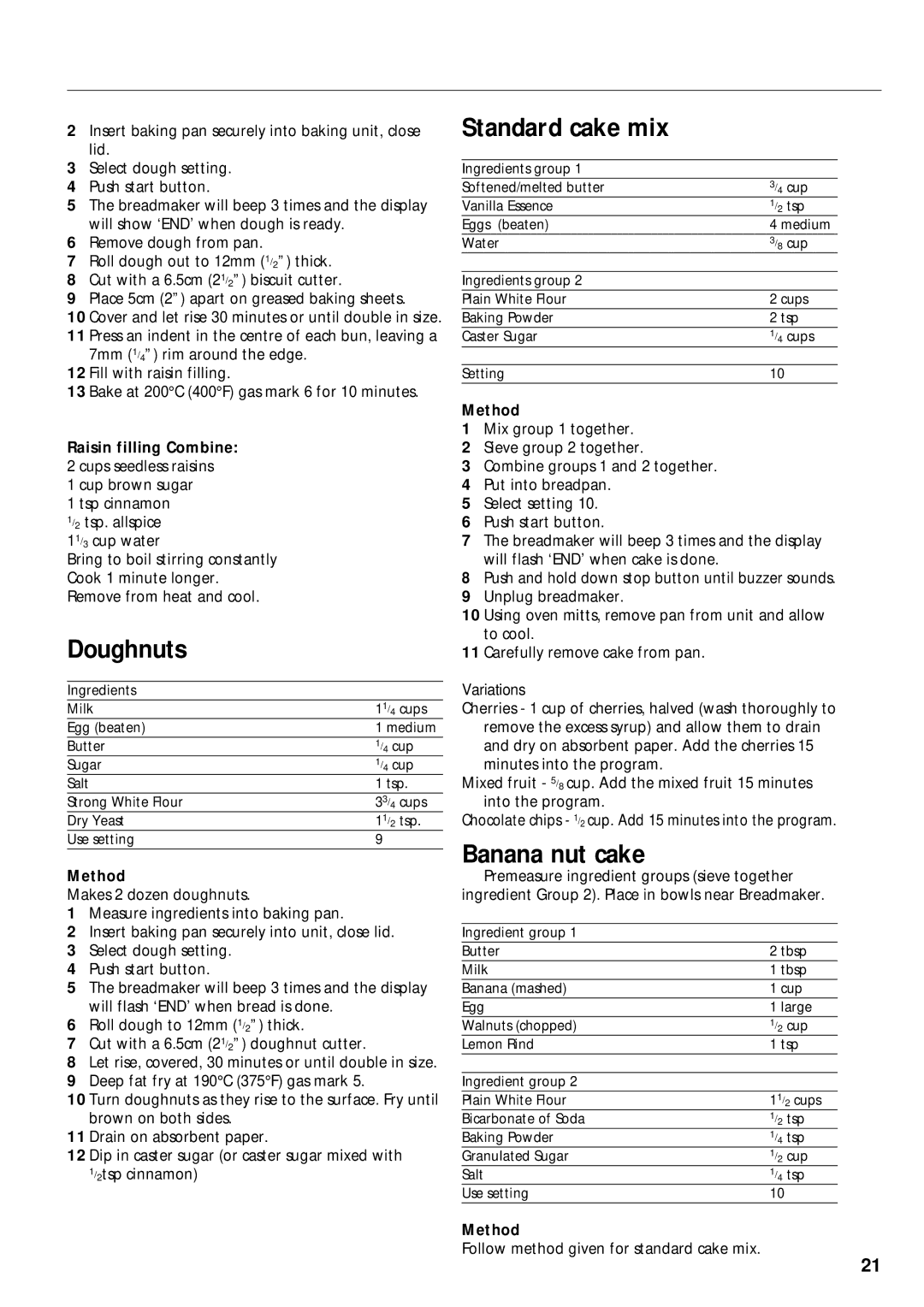 Morphy Richards 48230, 48220 manual Doughnuts, Standard cake mix, Banana nut cake, Raisin filling Combine 