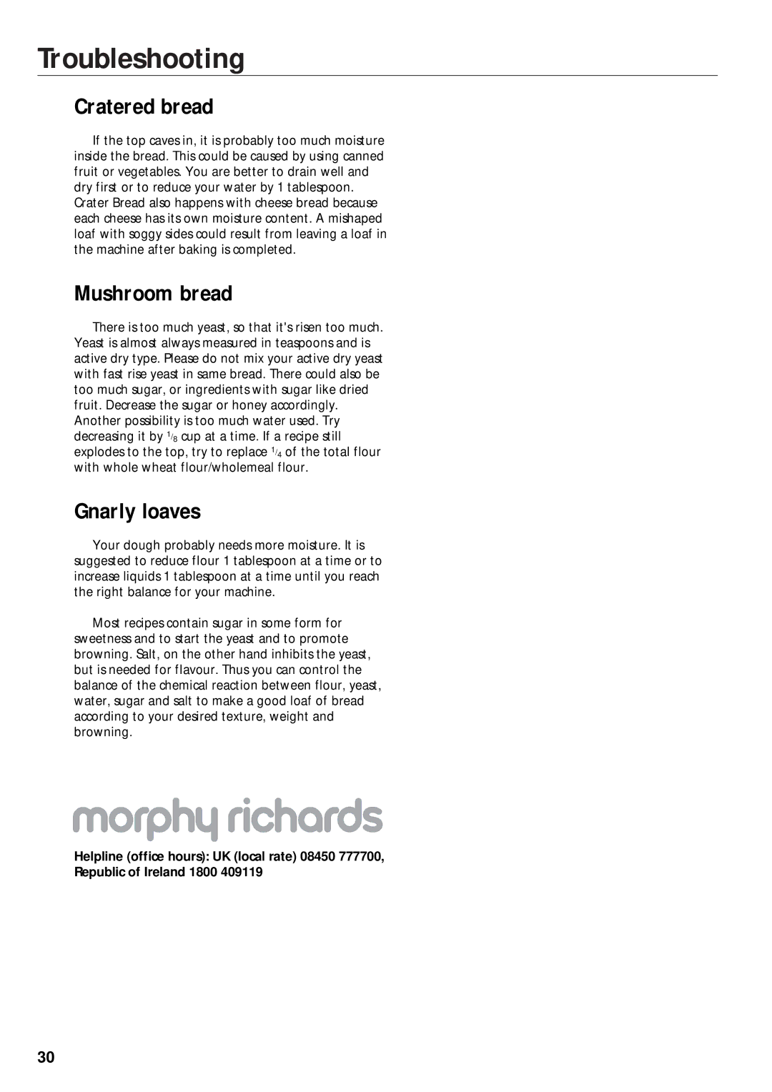 Morphy Richards 48220, 48230 manual Troubleshooting, Cratered bread, Mushroom bread, Gnarly loaves 