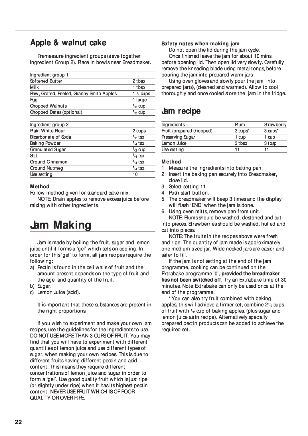 Morphy Richards 48220, 48230 manual Jam Making, Apple & walnut cake, Jam recipe, Method, Safety notes when making jam 