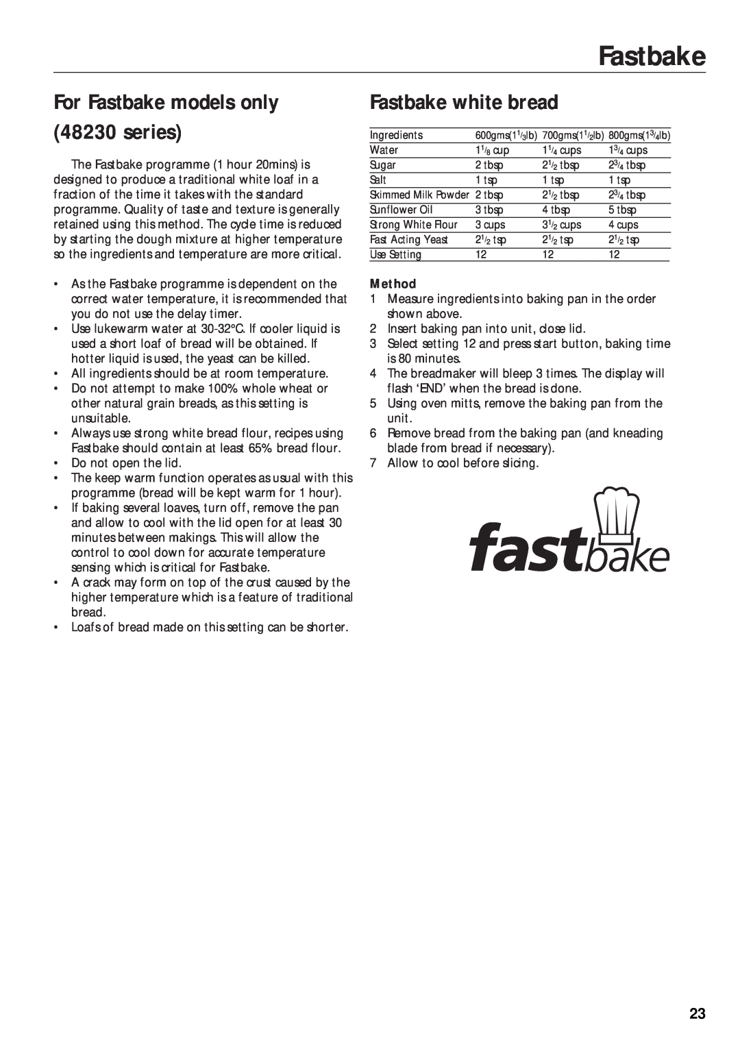 Morphy Richards 48220 manual For Fastbake models only 48230 series, Fastbake white bread, Method 
