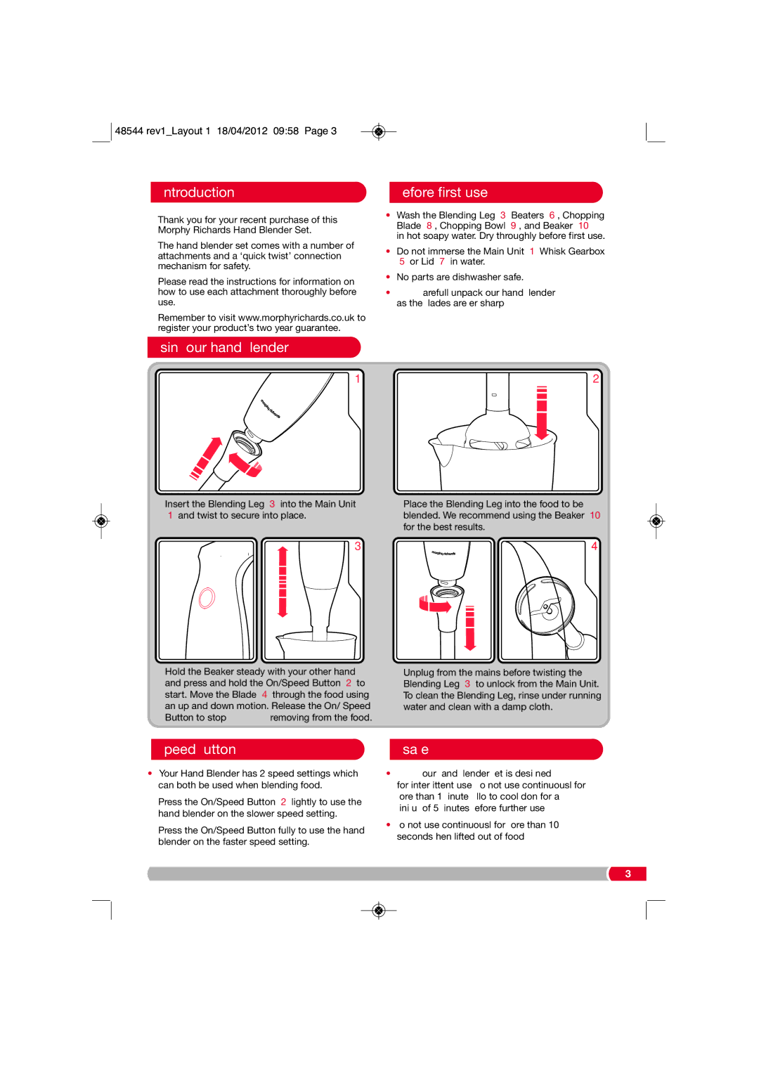 Morphy Richards 48544 manual Introduction, Using your hand blender, Before first use, Speed Button Usage 