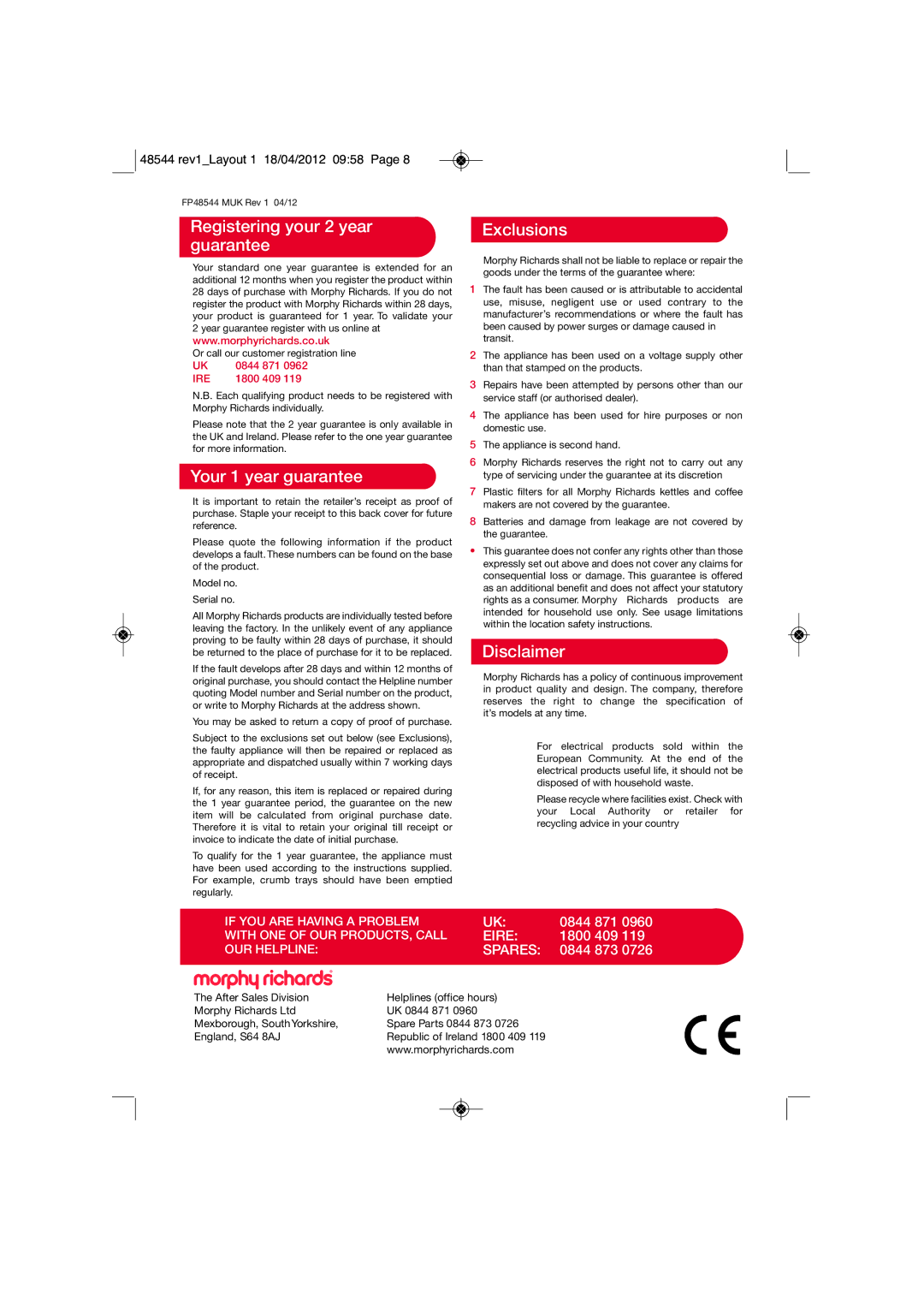 Morphy Richards 48544 manual Registering your 2 year guarantee, Your 1 year guarantee, Exclusions, Disclaimer 