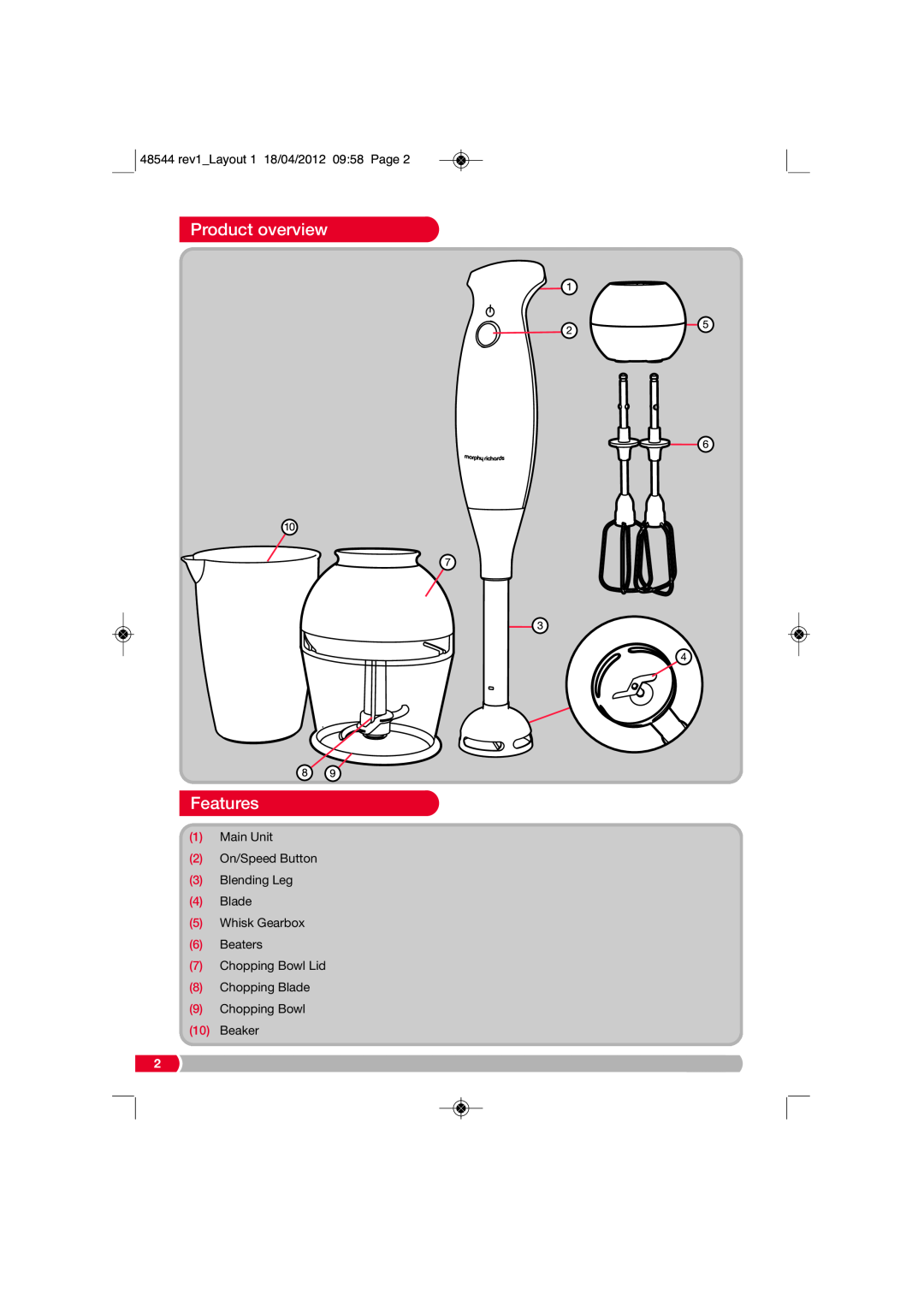 Morphy Richards manual Product overview, Features, 48544 rev1Layout 1 18/04/2012 0958 Page, Beaker 