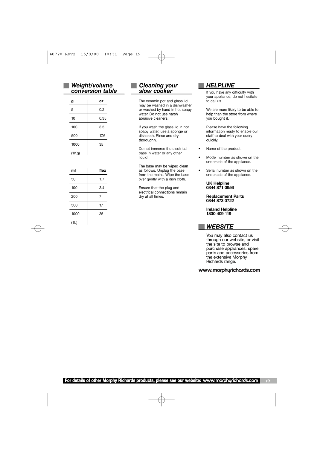 Morphy Richards 48720 manual Weight/volume Cleaning your Conversion table Slow cooker, Helpline, Website 