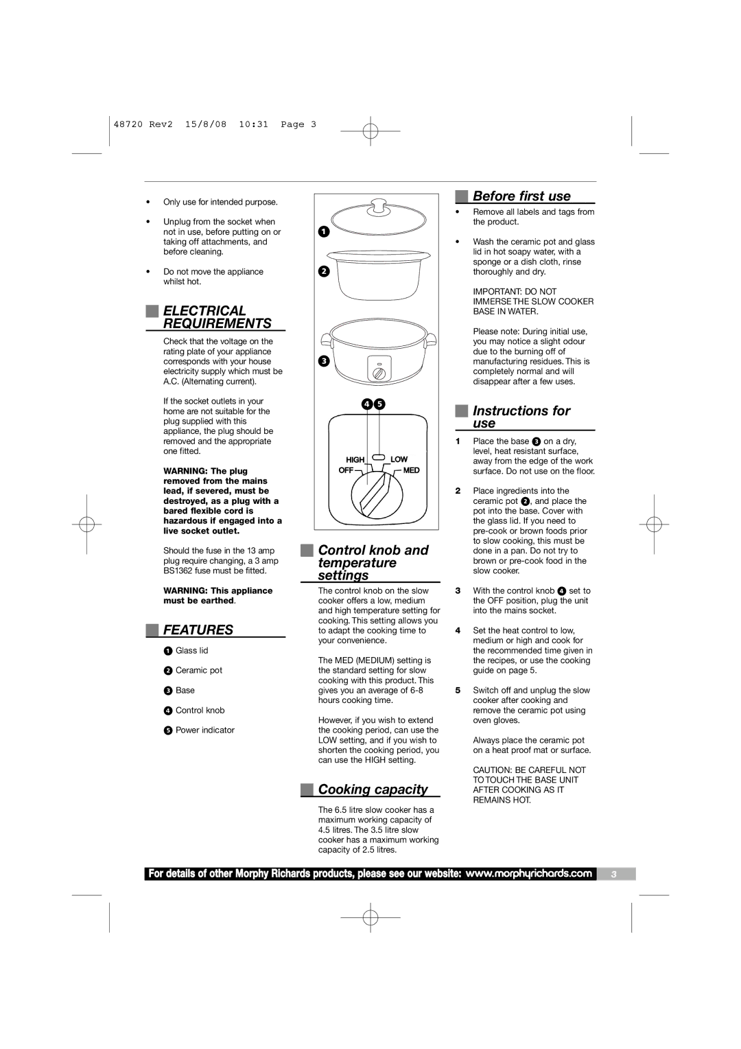 Morphy Richards 48720 manual Control knob and temperature settings Before first use, Instructions for use, Features 