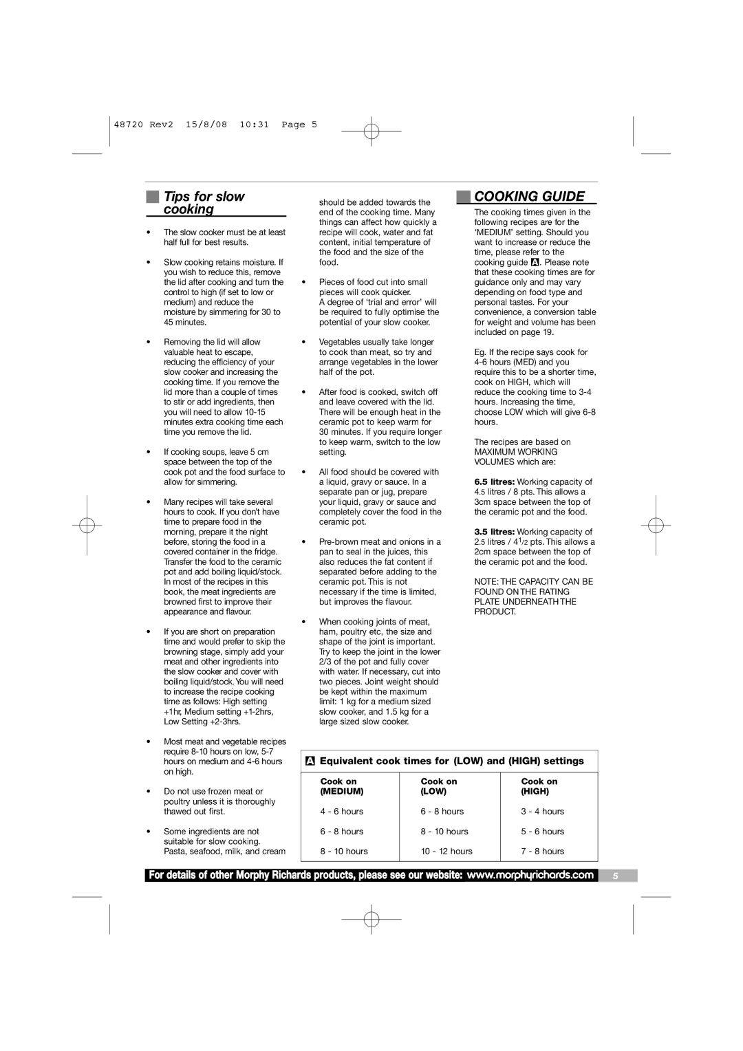 Morphy Richards 48720 manual Tips for slow cooking, Cooking Guide 