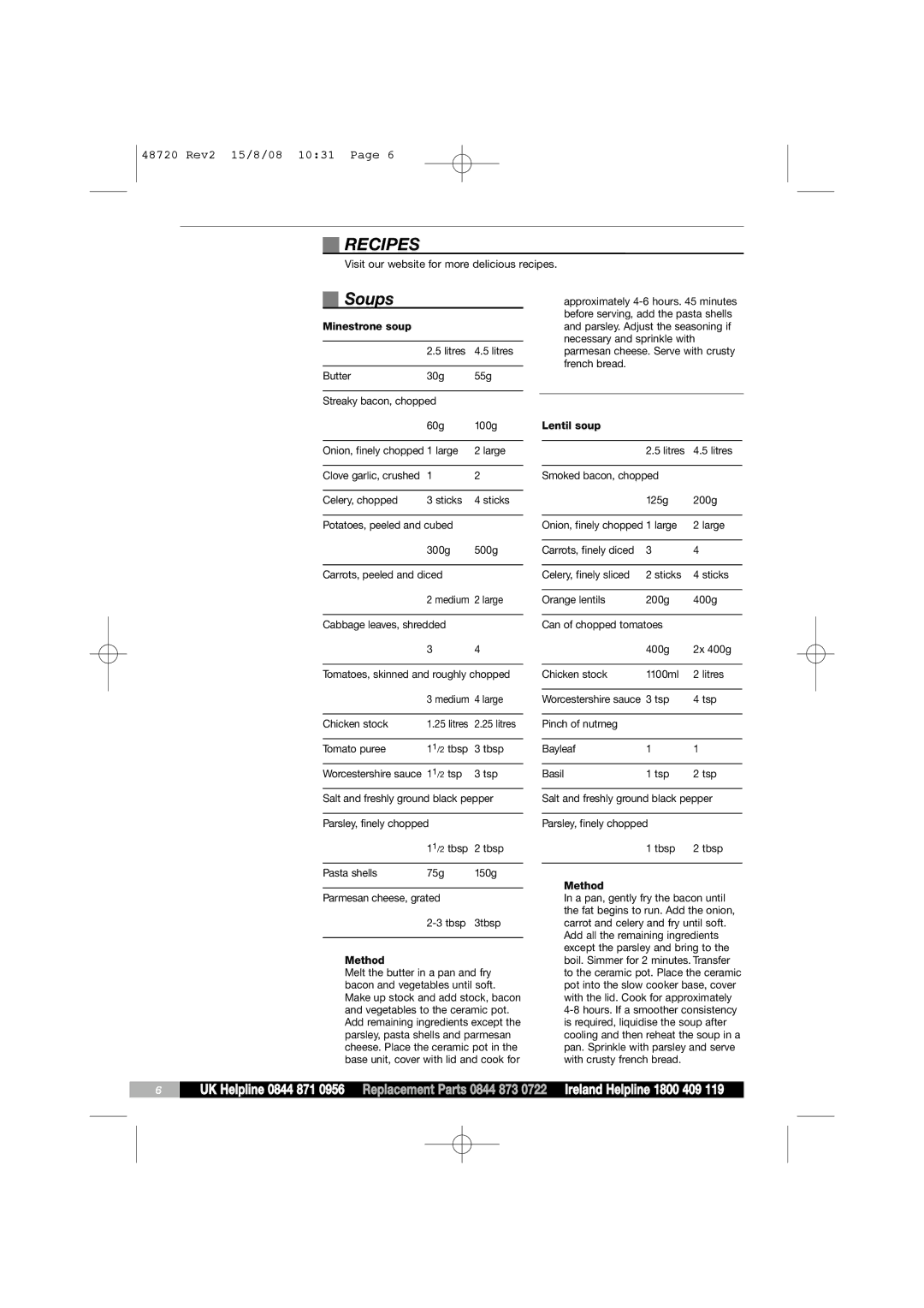 Morphy Richards 48720 manual Recipes, Soups 