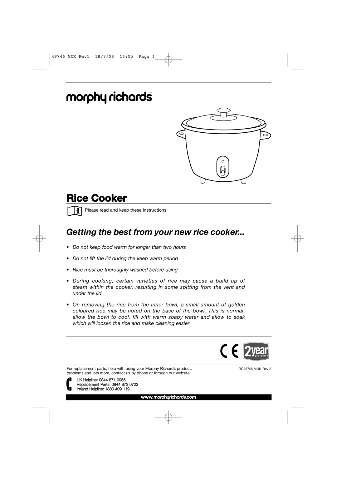 Morphy Richards 48746 manual Rice Cooker, Please read and keep these instructions 