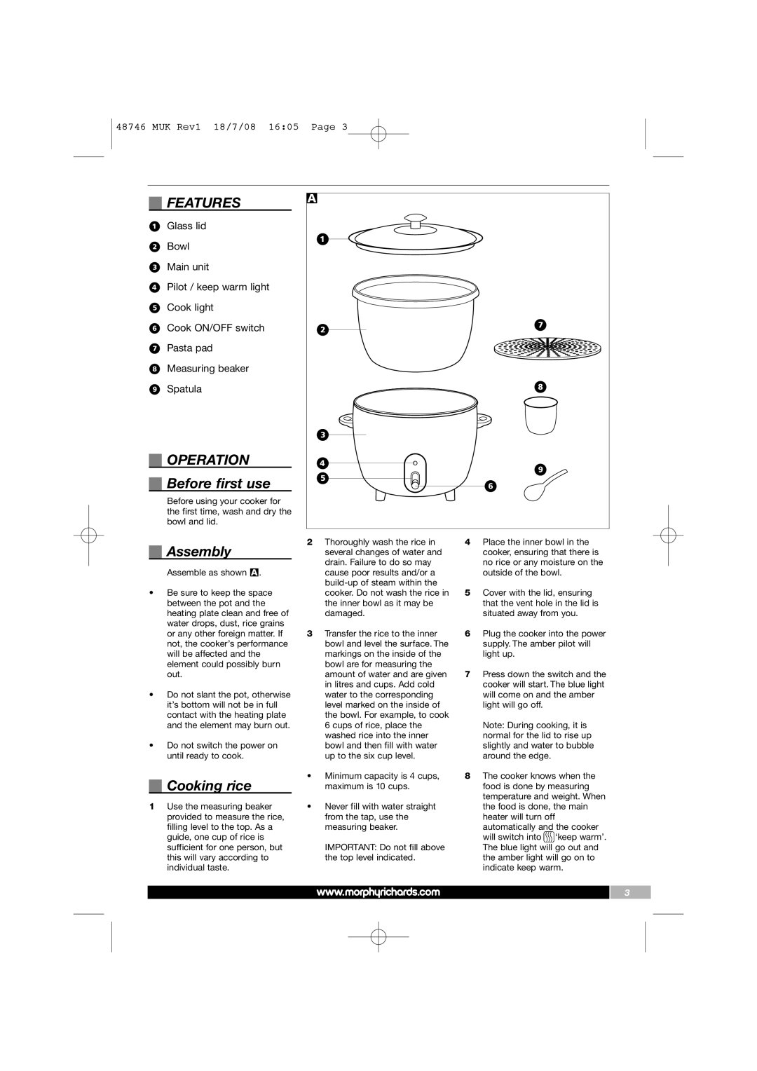 Morphy Richards 48746 manual Features, Operation, Before first use, Assembly, Cooking rice 