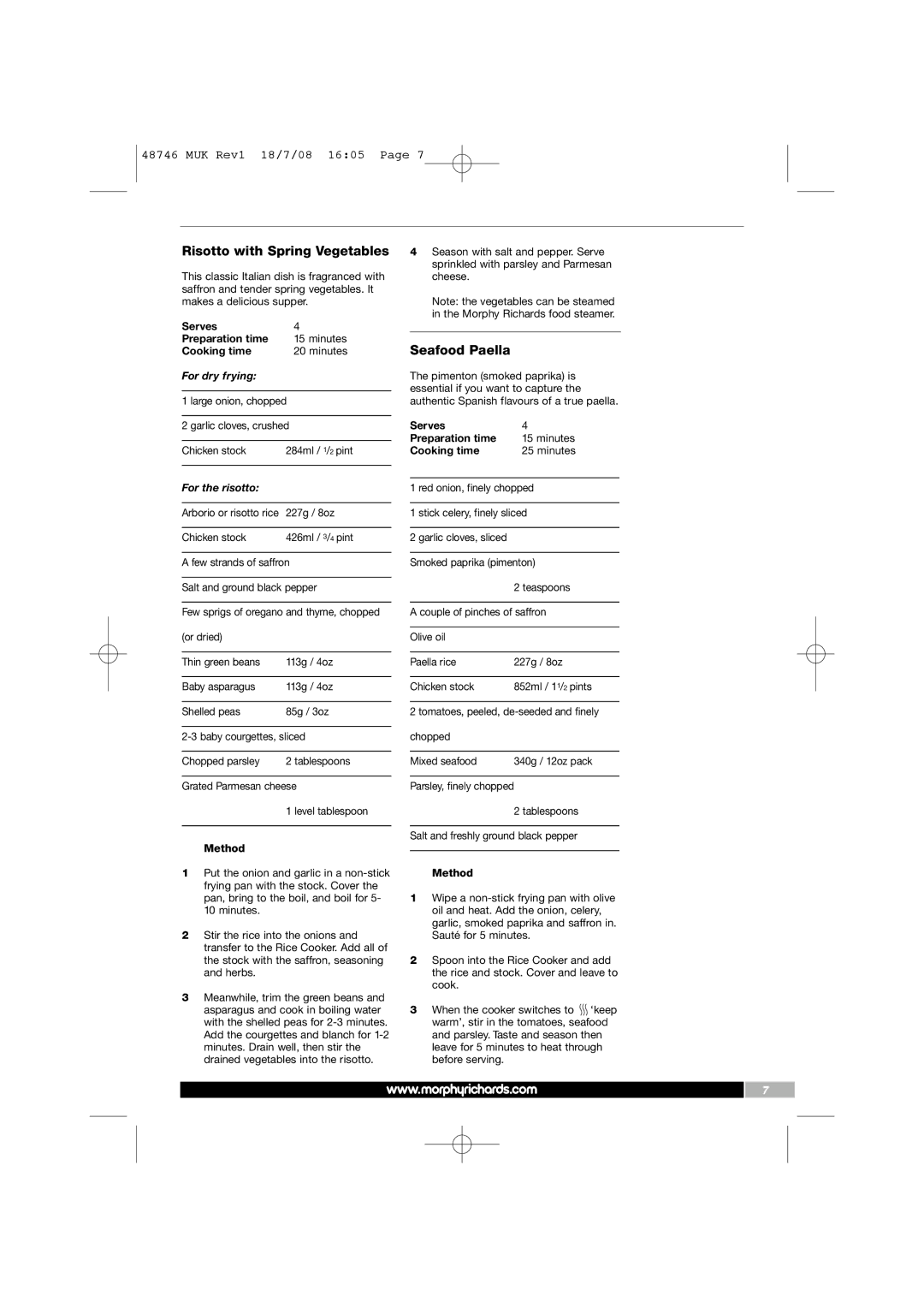 Morphy Richards 48746 manual Risotto with Spring Vegetables, Seafood Paella 