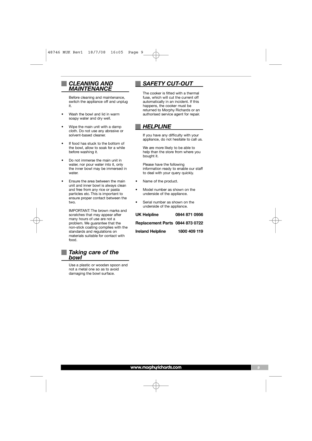 Morphy Richards 48746 manual Cleaning Maintenance, Safety CUT-OUT, Helpline, Taking care of the bowl 