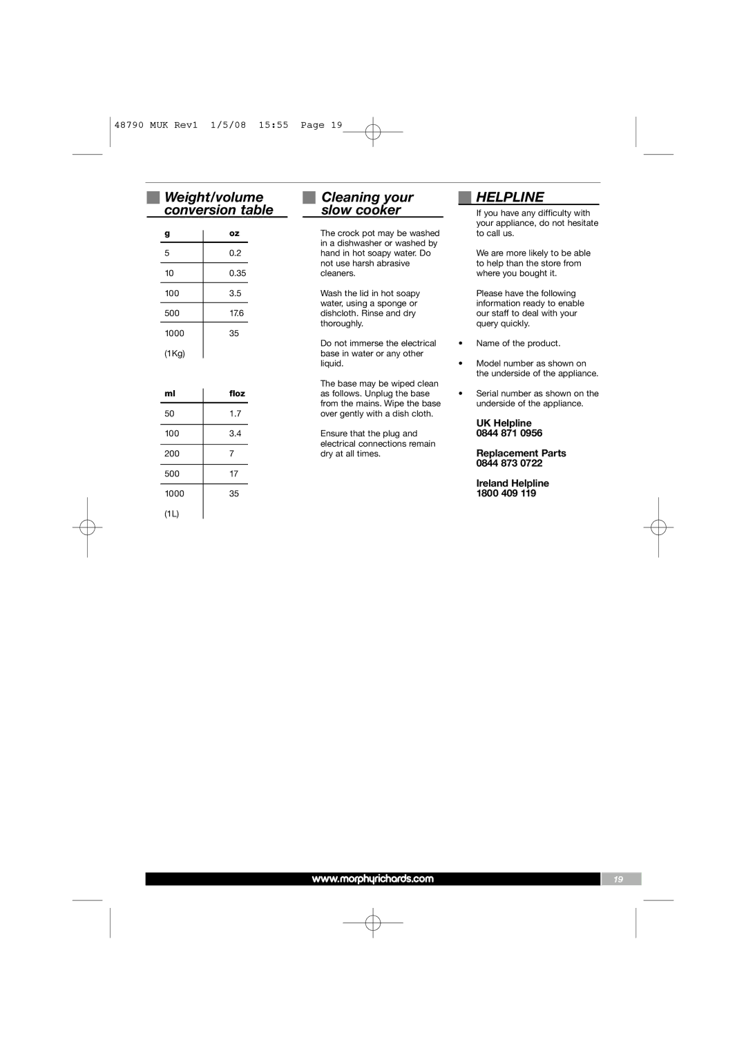 Morphy Richards 48790 manual Weight/volume Cleaning your Conversion table Slow cooker, Helpline 