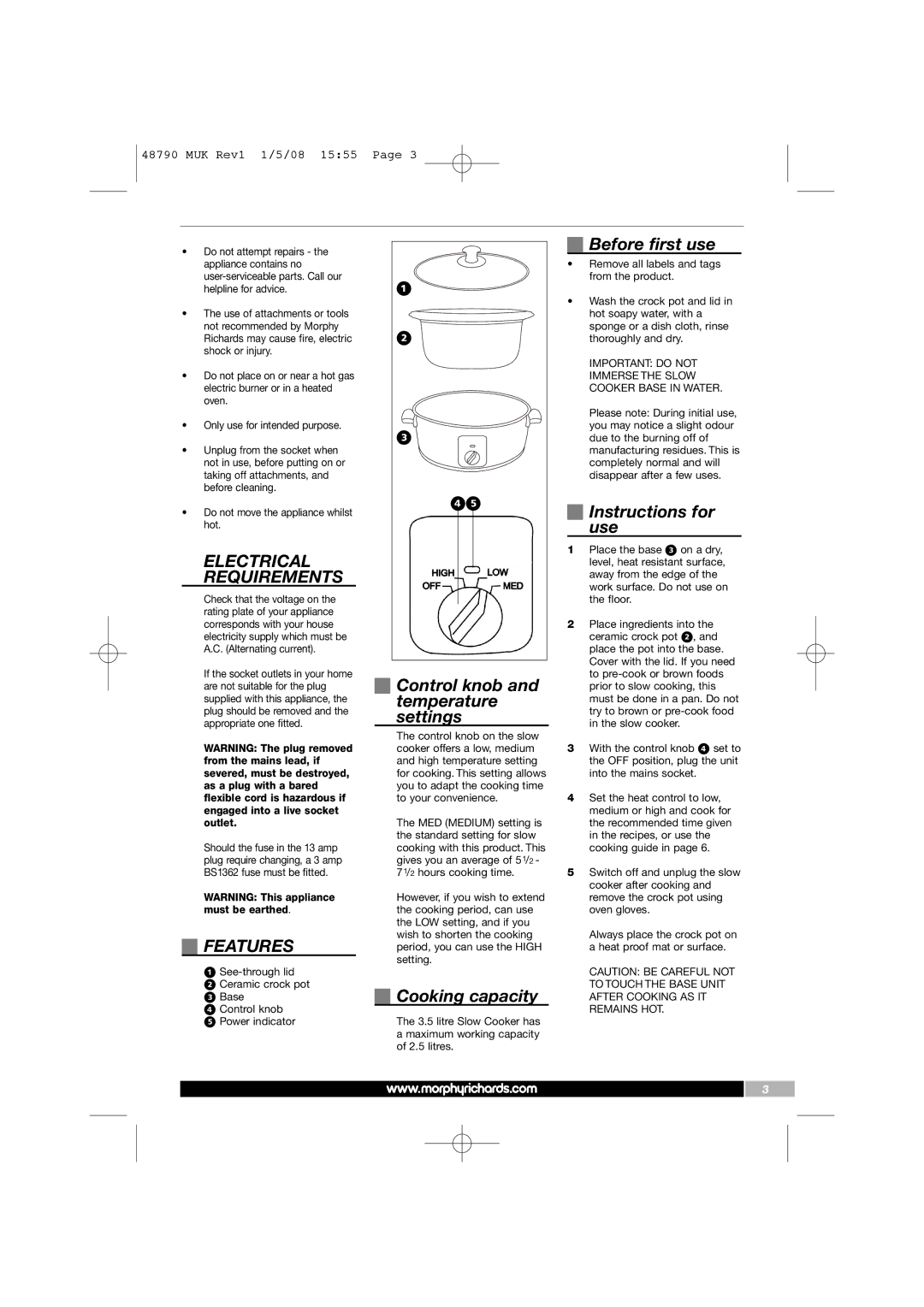 Morphy Richards 48790 manual Electrical Requirements, Features 