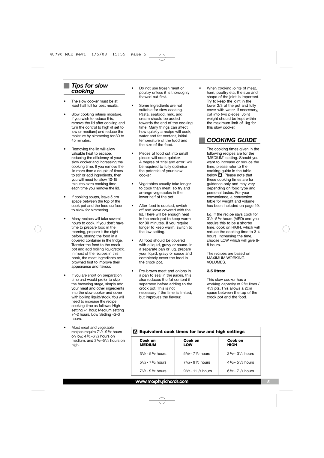 Morphy Richards 48790 manual Tips for slow cooking, Cooking Guide 