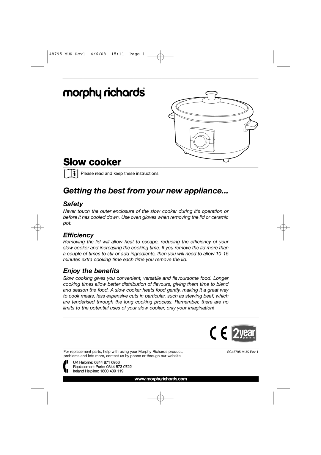 Morphy Richards 48795 manual Slow cooker, Please read and keep these instructions 