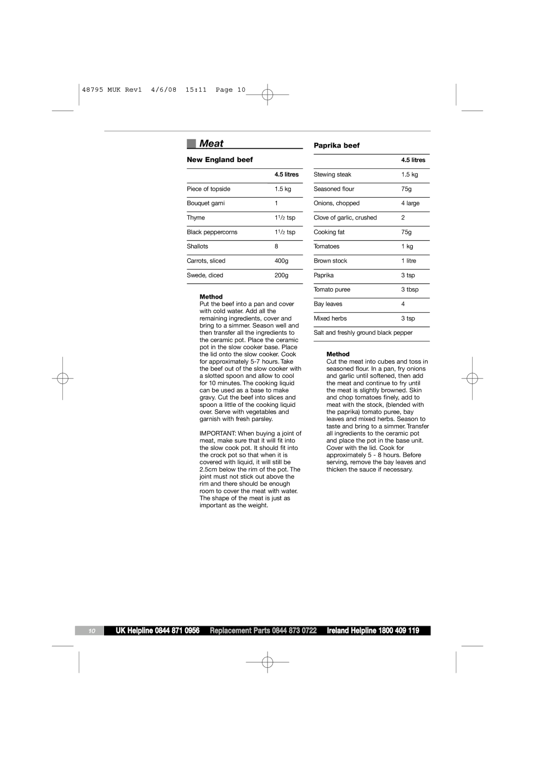 Morphy Richards 48795 manual Meat, New England beef, Paprika beef 