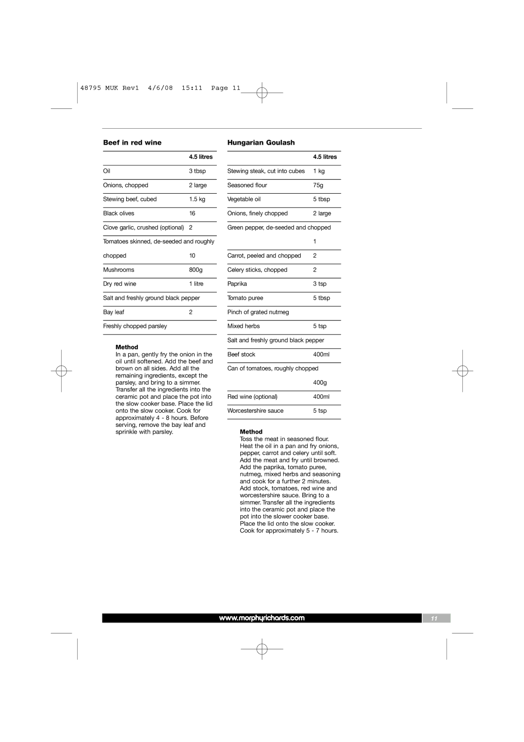 Morphy Richards 48795 manual Beef in red wine, Hungarian Goulash 