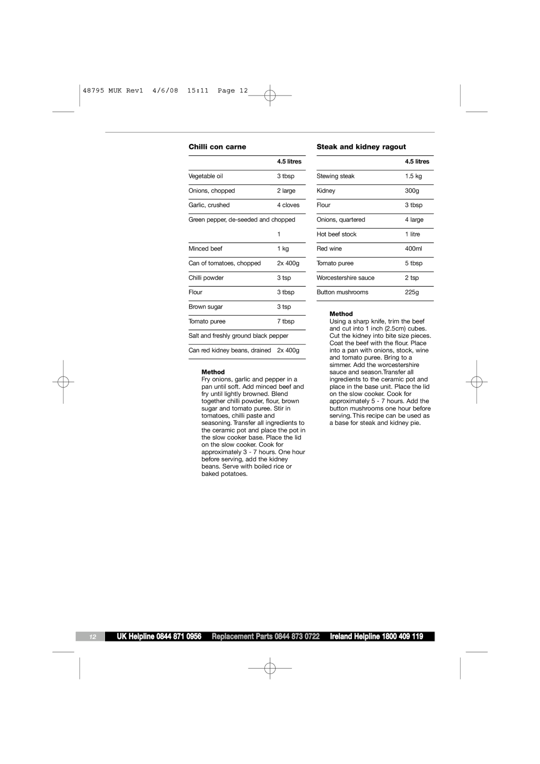 Morphy Richards 48795 manual Chilli con carne, Steak and kidney ragout 