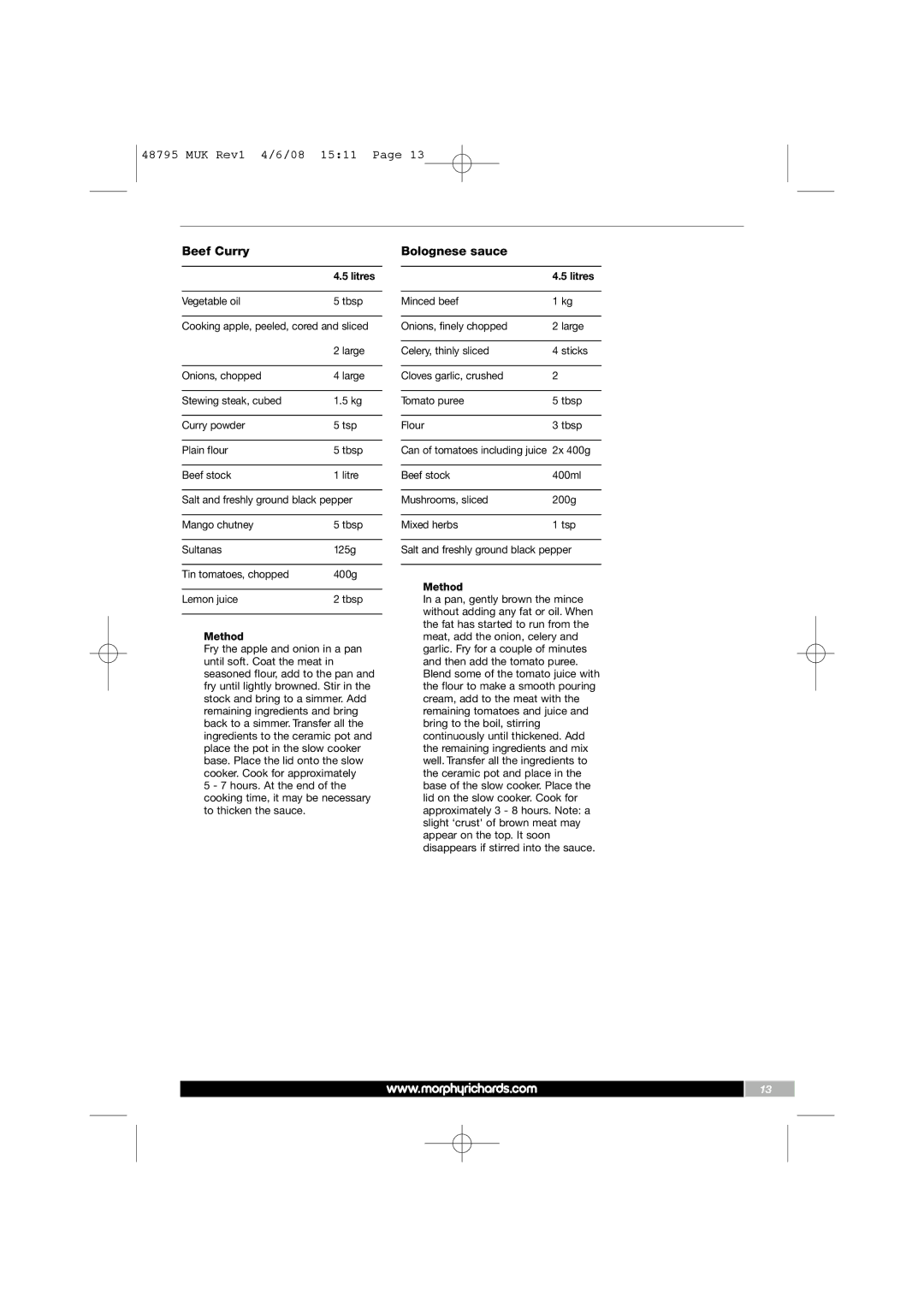 Morphy Richards 48795 manual Beef Curry, Bolognese sauce 
