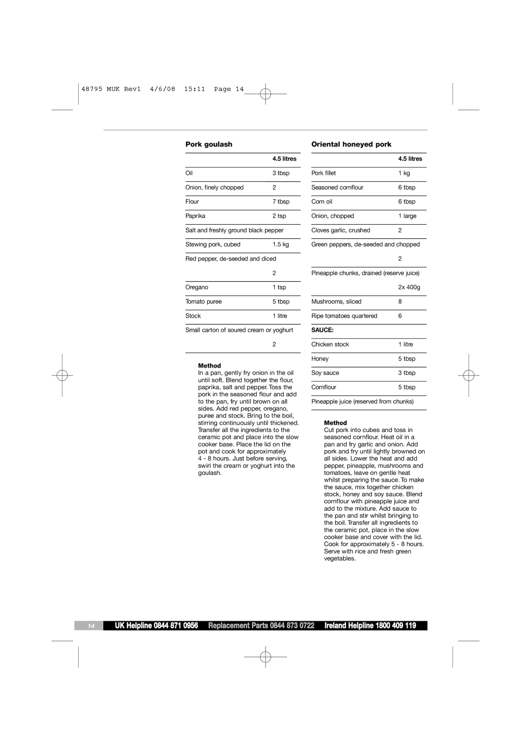 Morphy Richards 48795 manual Pork goulash, Oriental honeyed pork 