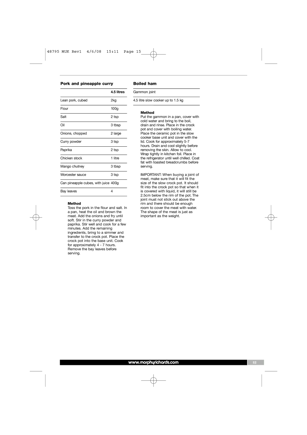 Morphy Richards 48795 manual Pork and pineapple curry, Boiled ham 