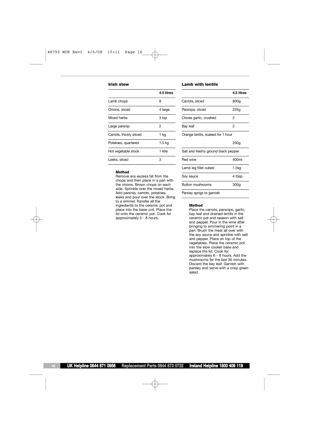 Morphy Richards 48795 manual Irish stew, Lamb with lentils 