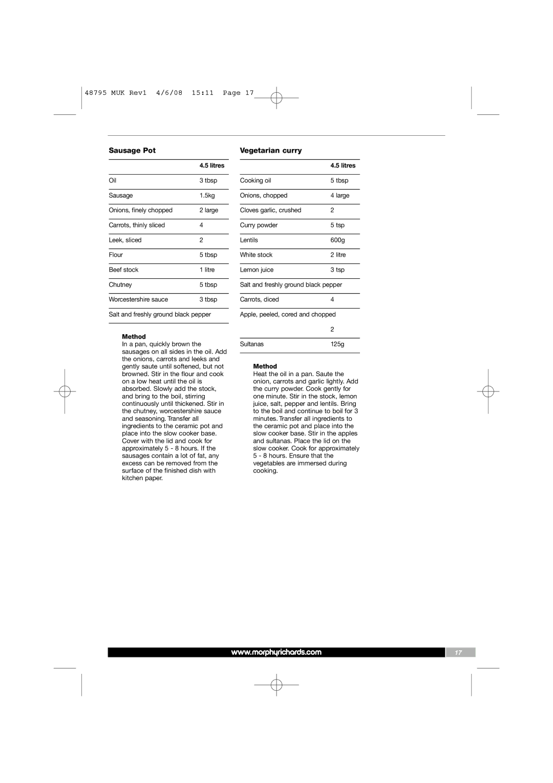 Morphy Richards 48795 manual Sausage Pot, Vegetarian curry 