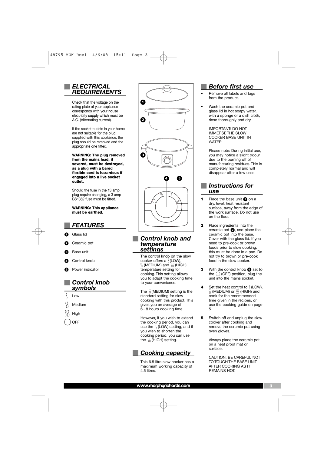 Morphy Richards 48795 manual Electrical Requirements, Features 