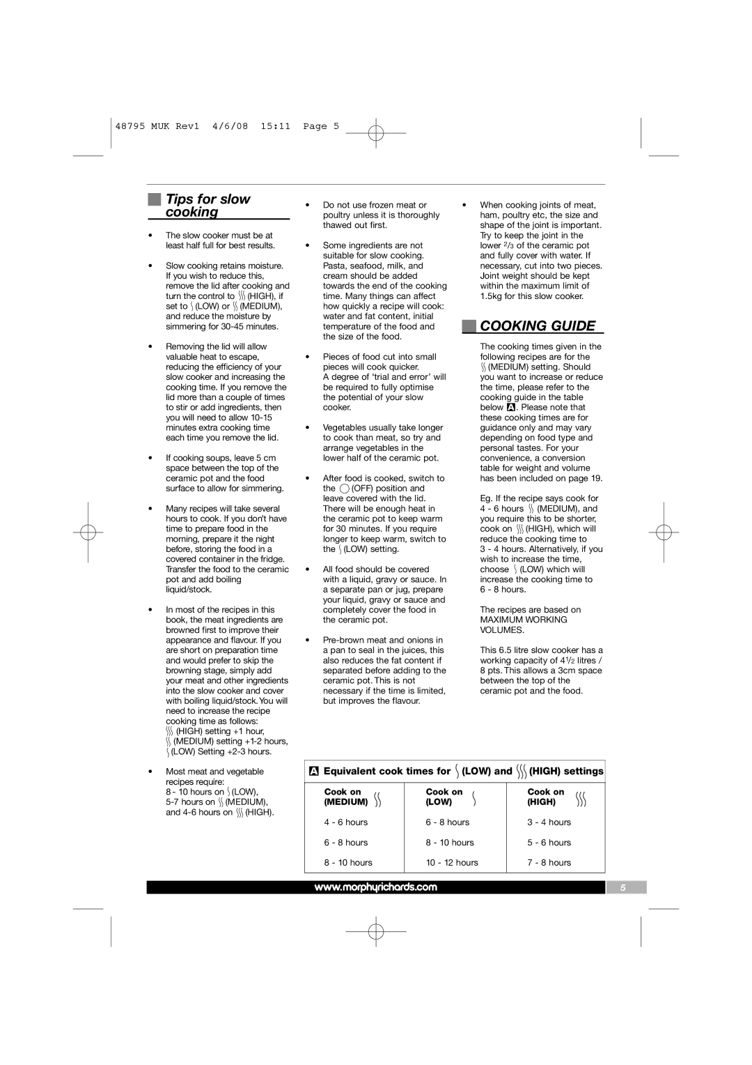 Morphy Richards 48795 manual Tips for slow cooking, Cooking Guide, Equivalent cook times for LOW and High settings 